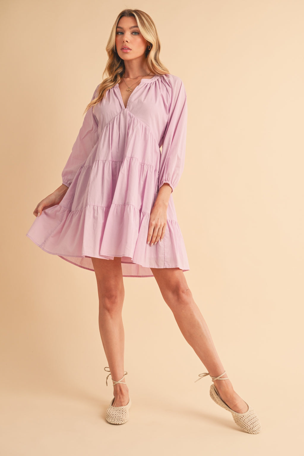 Aemi + Co Mini Dress Cotton Notched Balloon 3/4 Sleeve Lilac Ruffle Tiered 0cbaab43-2ae6-41c8-bfc0-8839841d406a-Max Trendsi