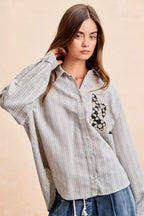BiBi Womens Gray Stripe Shirt Black Flower Jacquard Knit Patch Pocket Top 0cbd7e36fd4b4cfd8abca91514da227f-Max-Origin Trendsi