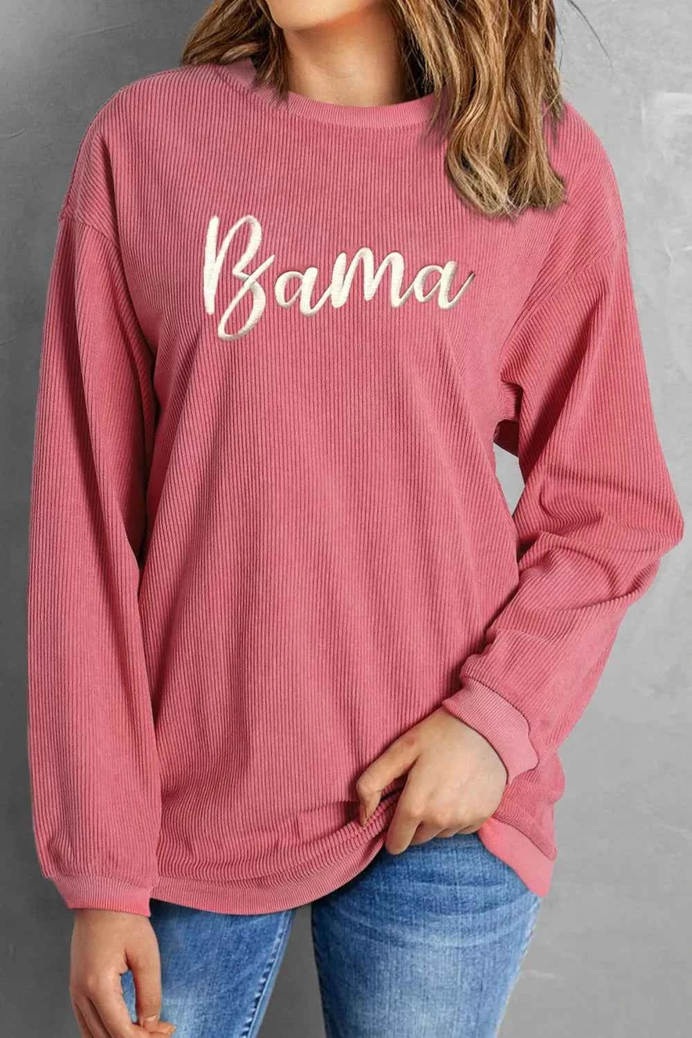 Women Sweatshirt Corded Ribbed Dusty Pink Bama Embroidered Letter Graphic Top 0cc993ae-b556-4c32-bd81-c28202628d49-Max-Origin Trendsi