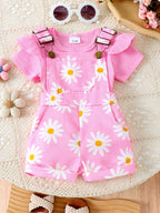 Children's Ribbed Top with Ruffle Trim and Daisy Print Overalls Set