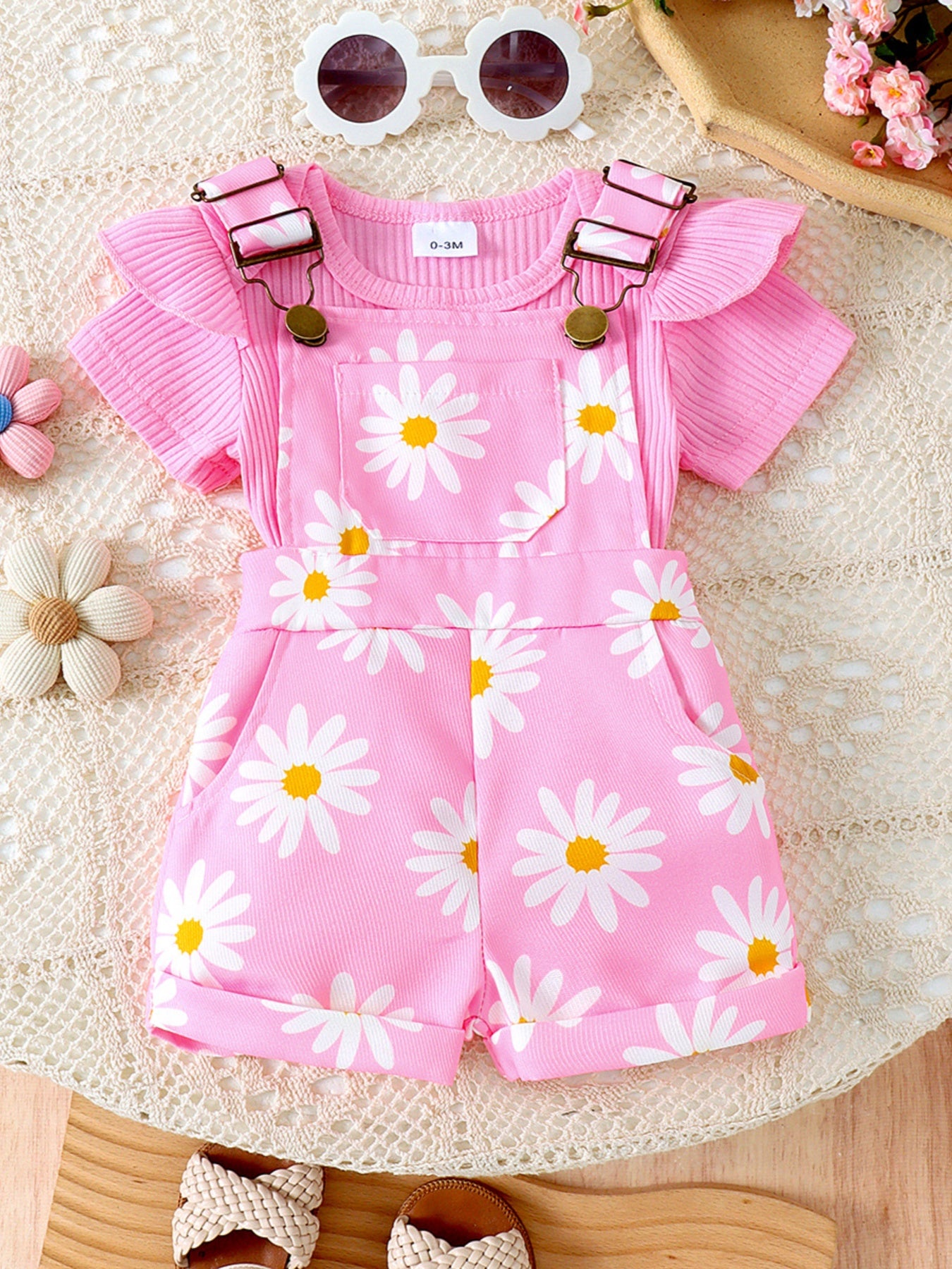Children's Ribbed Top with Ruffle Trim and Daisy Print Overalls Set
