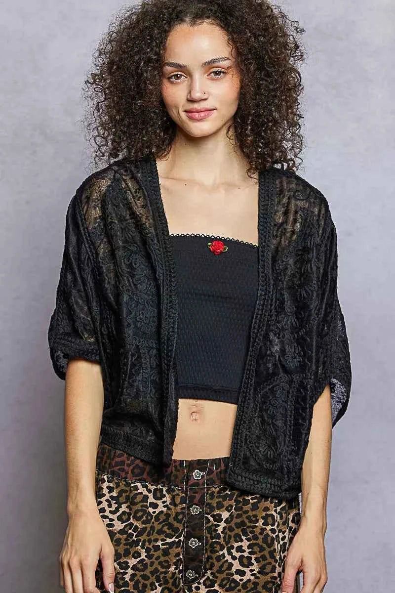 POL Open Front Crochet Cardigan with Floral Embroidery