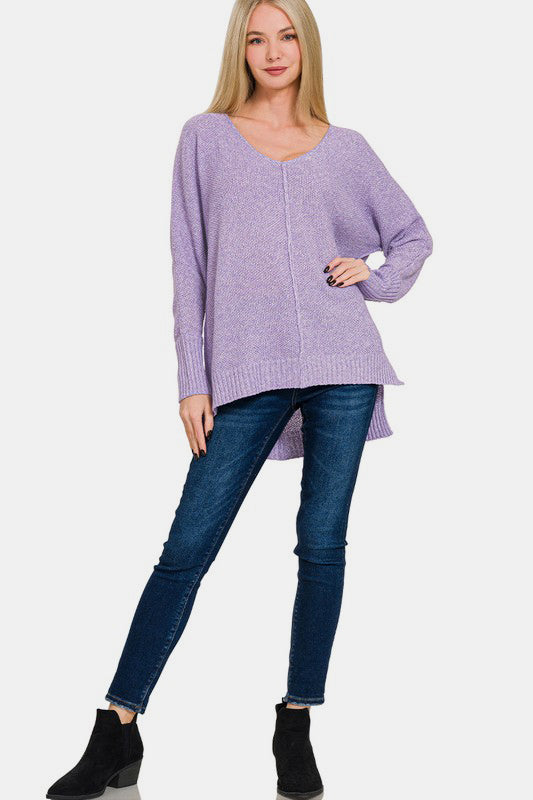 Zenana Sweater Lavender High-Low Center Seam V-Neck Long Sleeve