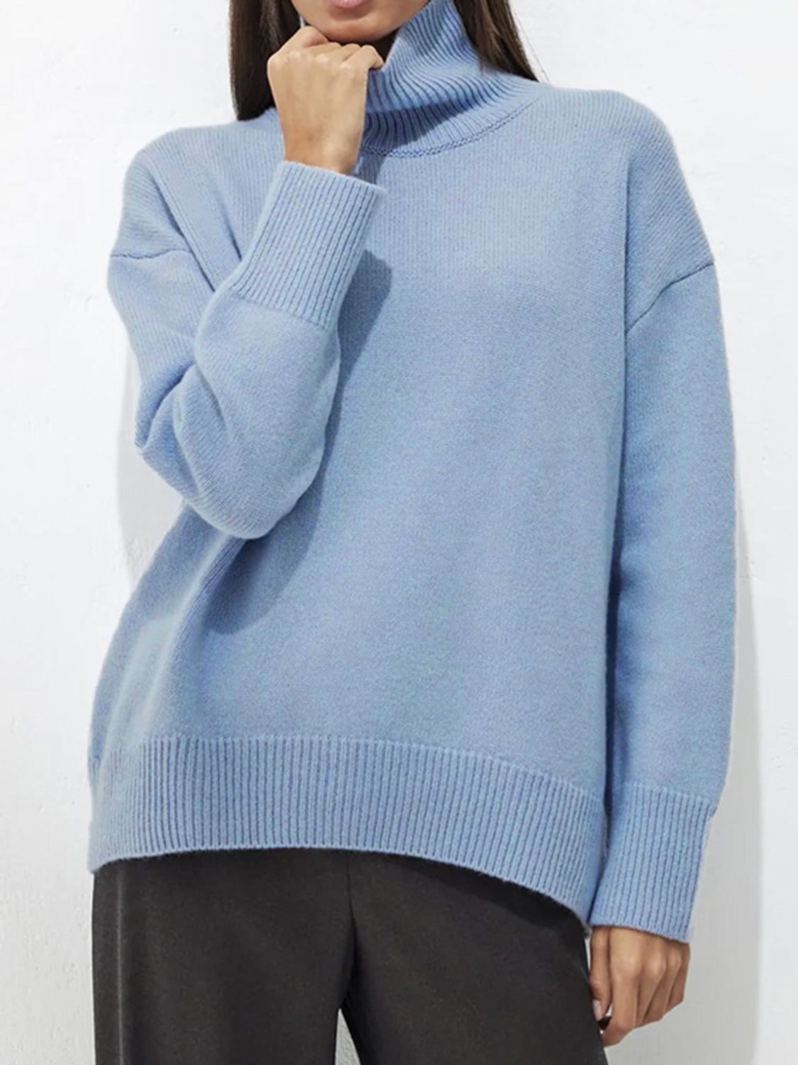 Ribbed Women Sweater Turtleneck Long Sleeve Soft Acrylic Loose Basic Pullover