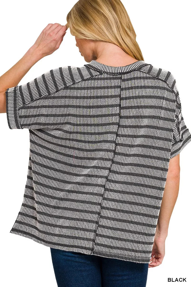 Zenana T-shirt Black Stripe Raised Rib Exposed Seam Top Short Sleeve 0cf5bcb471af482fab41031d002951f0-Max-Origin Trendsi