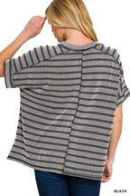 Zenana T-shirt Black Stripe Raised Rib Exposed Seam Top Short Sleeve 0cf5bcb471af482fab41031d002951f0-Max-Origin Trendsi