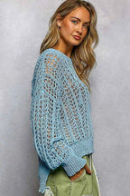POL Openwork Round Neck High Low Knit Top