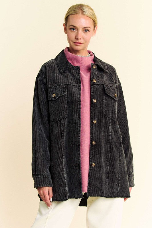 Davi & Dani Corduroy Jacket Black Washed Raw Hem Button Up Long Sleeve