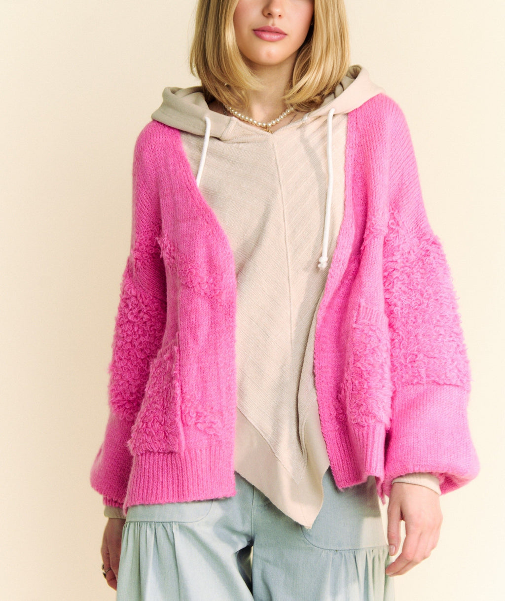 Davi & Dani USA Pink Cardigan Woolen Blend Side Slit Open Front Long Sleeve 0d009a28-2806-4fb2-9072-645546f21caf-Max Trendsi