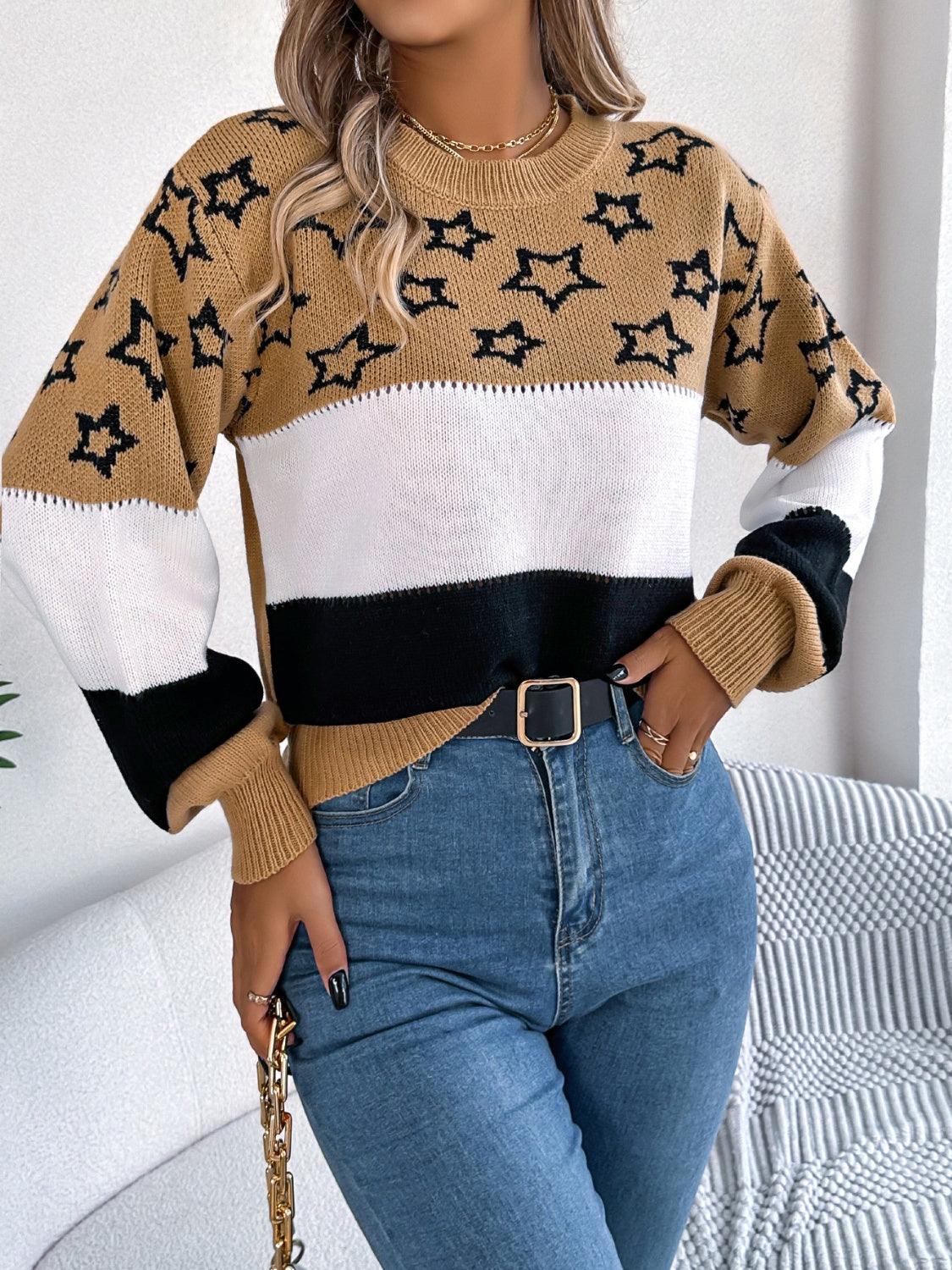 Sweater Star Contrast Round Neck Long Sleeve Knitwear 0d02a6f1-535c-4dd4-8811-c2814fa5efc9-Max Trendsi