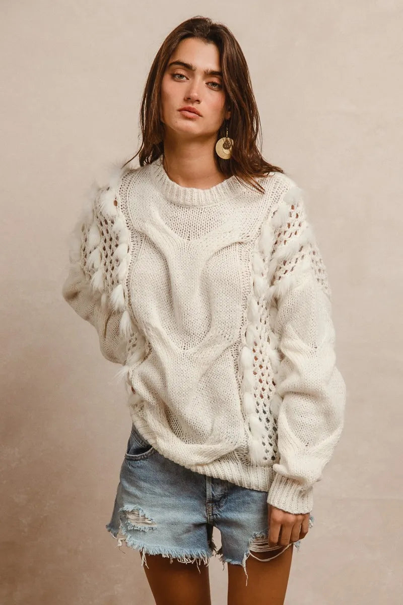 BiBi Sweater Ivory Faux Fur Detailed Pointelle Cable Knit Top 0d079583724f4aaf98bd3af08e6614f2-Max-Origin Trendsi