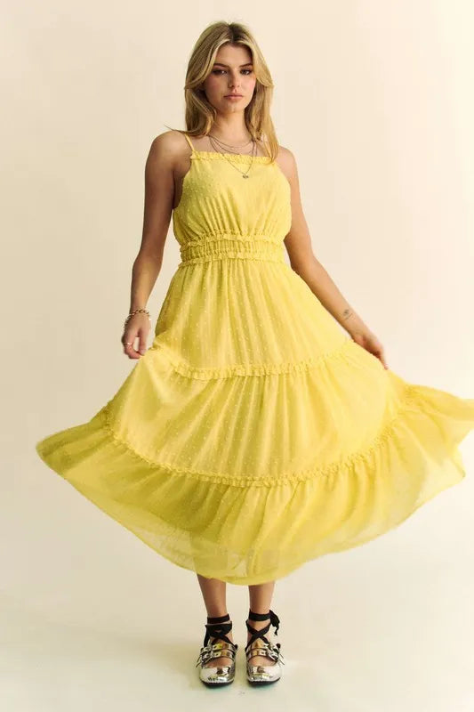 Davi & Dani Swiss Dot Ruffle Square Neck Midi Dress