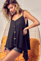 BiBi Cami Top Popcorn Waffle Black Knit with Buttoned Front Oversized 0d2042544170475ea51c191e3b4dc6c6-Max-Origin Trendsi