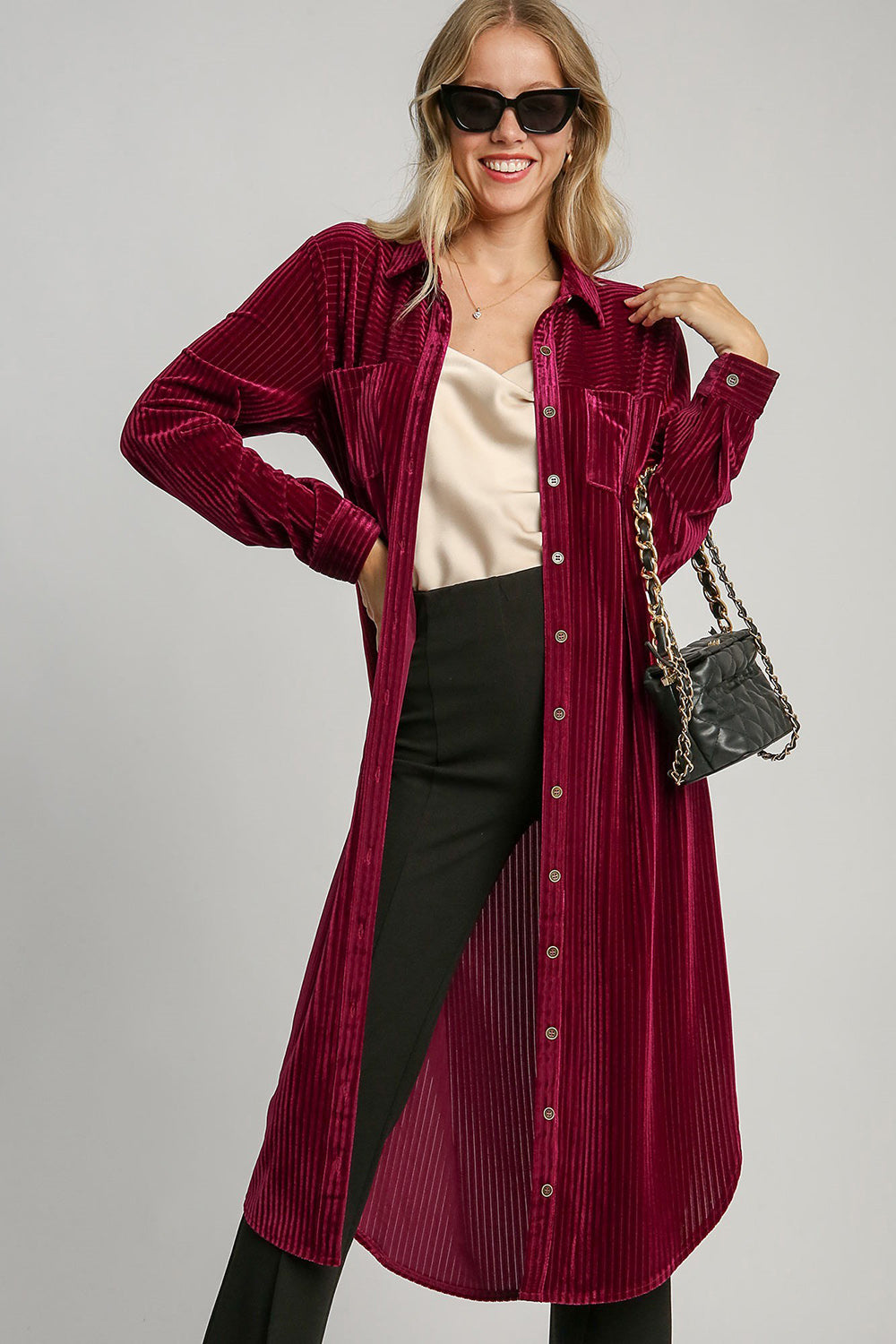 Umgee Shirt Dress Burgundy Texture Curved Hem Button Long Sleeve Side Slit