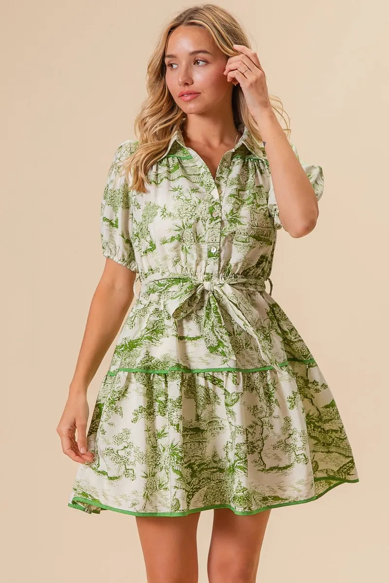 BiBi Mini Shirt Dress Floral Green Printed Tiered Belted Short Sleeve 0d28530b8d3e4d75b71bc3a5569a7178-Max-Origin Trendsi