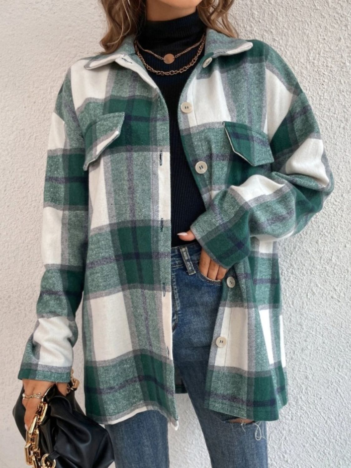 Women Plaid Shacket Turquoise Collared Neck Long Sleeve Jacket with Pockets