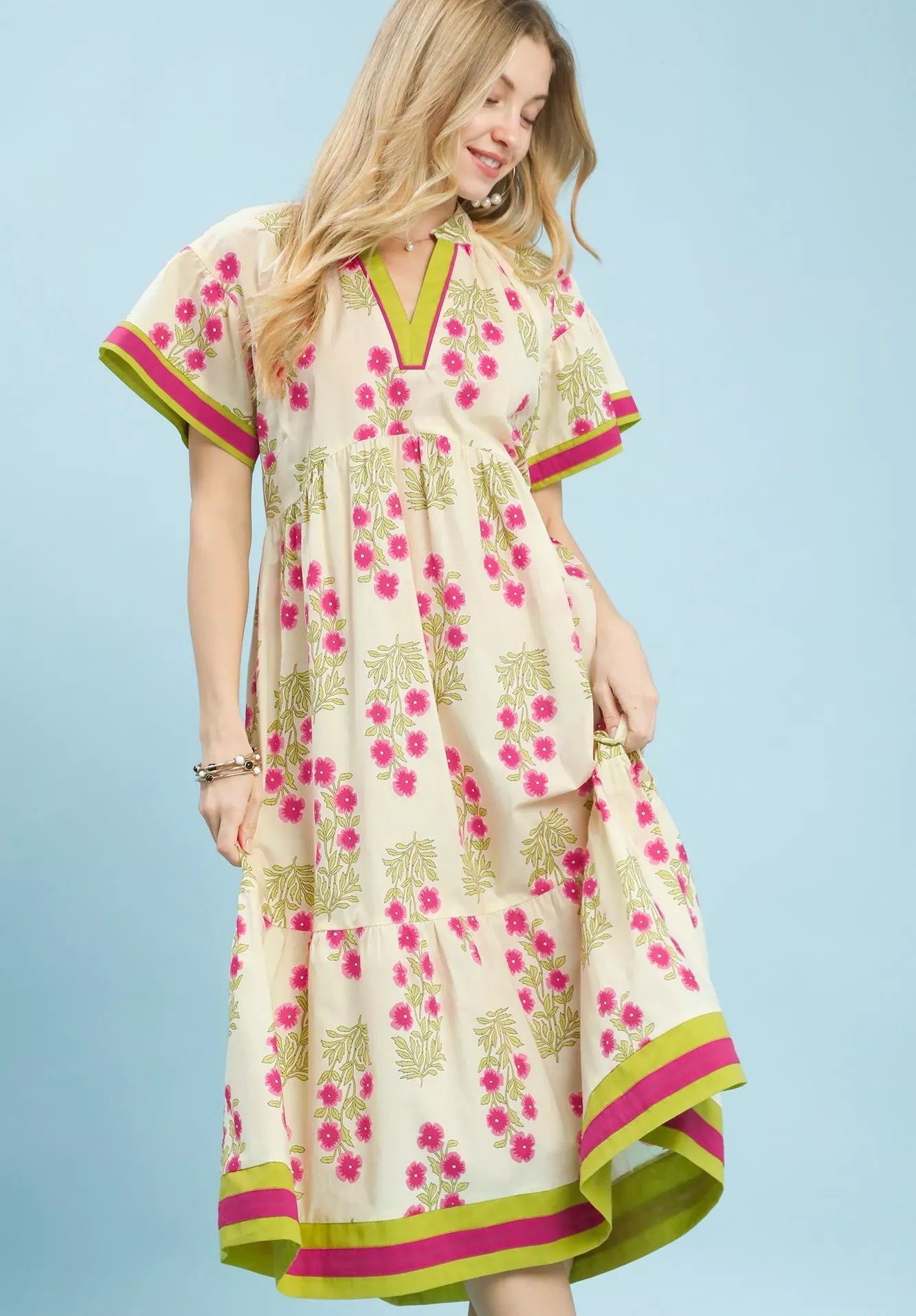 Umgee Midi Dress Ecru Floral Border Tiered Cotton Short Puff Sleeves ECRU 0d2ba6d1-356c-4418-b397-204336045e79-Max-Origin Trendsi