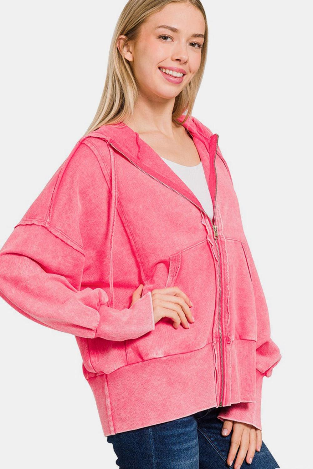 Zenana Hoodie Fuchsia Acid Washed French Terry Zip-Up with Pockets 0d2ba6d7-8139-413a-9eee-12cf4079bb23-Max Trendsi
