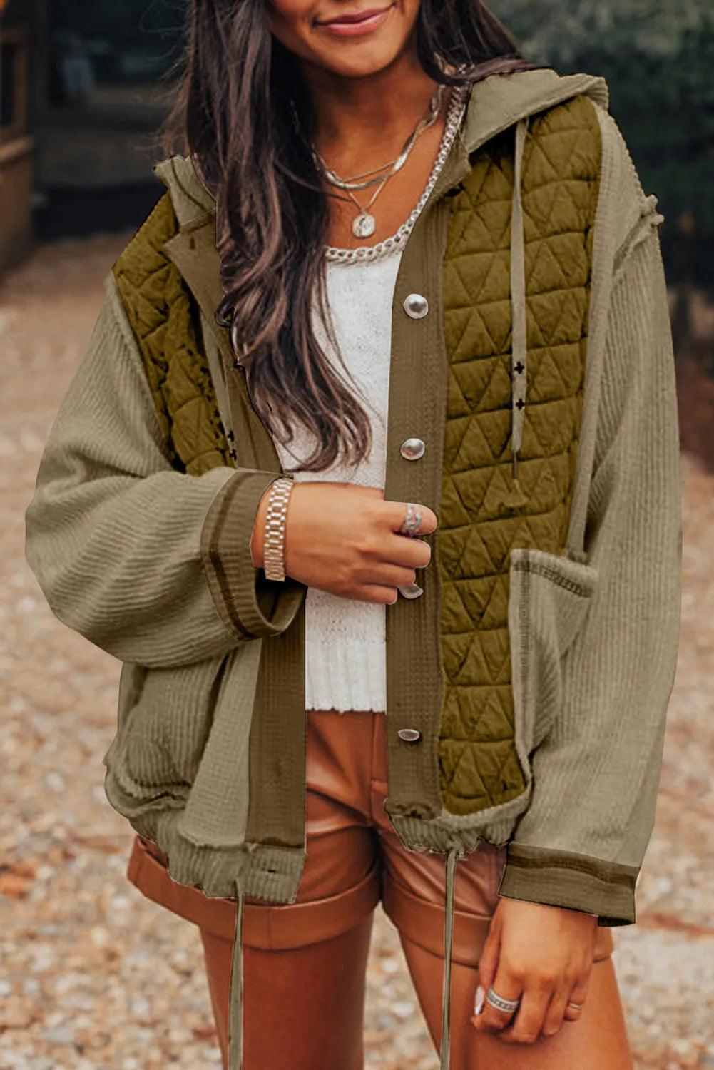 Jacket Quilted Patchwork Color Block Hooded Long Sleeve Outwear Olive 0d2ee037-3f3a-4422-a78e-14f7e44fa22e-Max Trendsi