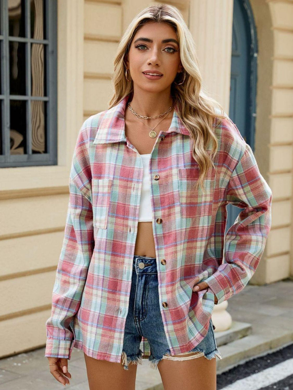Plaid Shirt Collared Neck Long Sleeve Patch Pockets 0d3061b6-b1cd-4b4d-9f6e-07c310e67689-Max_2da545f2-bae1-4a65-9f1a-b91d7fd4fca8 Trendsi