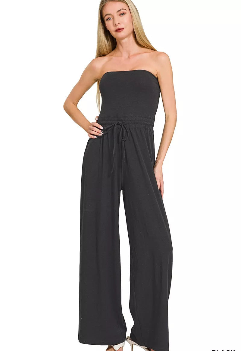 Zenana Black Jumpsuit Tube Top with Drawstring Waist BLACK 0d35558f2648412bb0169333c359fee3-Max-Origin Trendsi