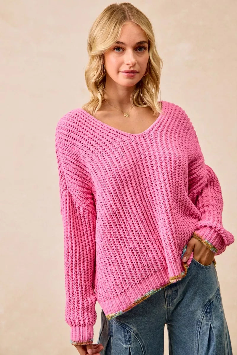 BiBi Womens V-Neck Sweater Pink with Colorful Trim 0d39171277f44a58a4bf50a00a6ffd3c-Max-Origin Trendsi