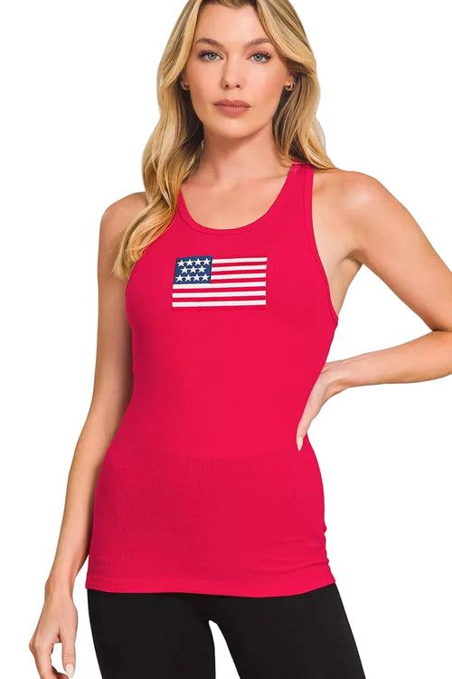 Zenana American Flag Embroidered Stretchy Ribbed Tank Top