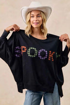 BiBi Women Sweatshirt Oversized Black Spook Plaid Letter Print Long Sleeve Top 0d4ae4f5bcca4a79a4cbd11a575ce414-Max-Origin Trendsi