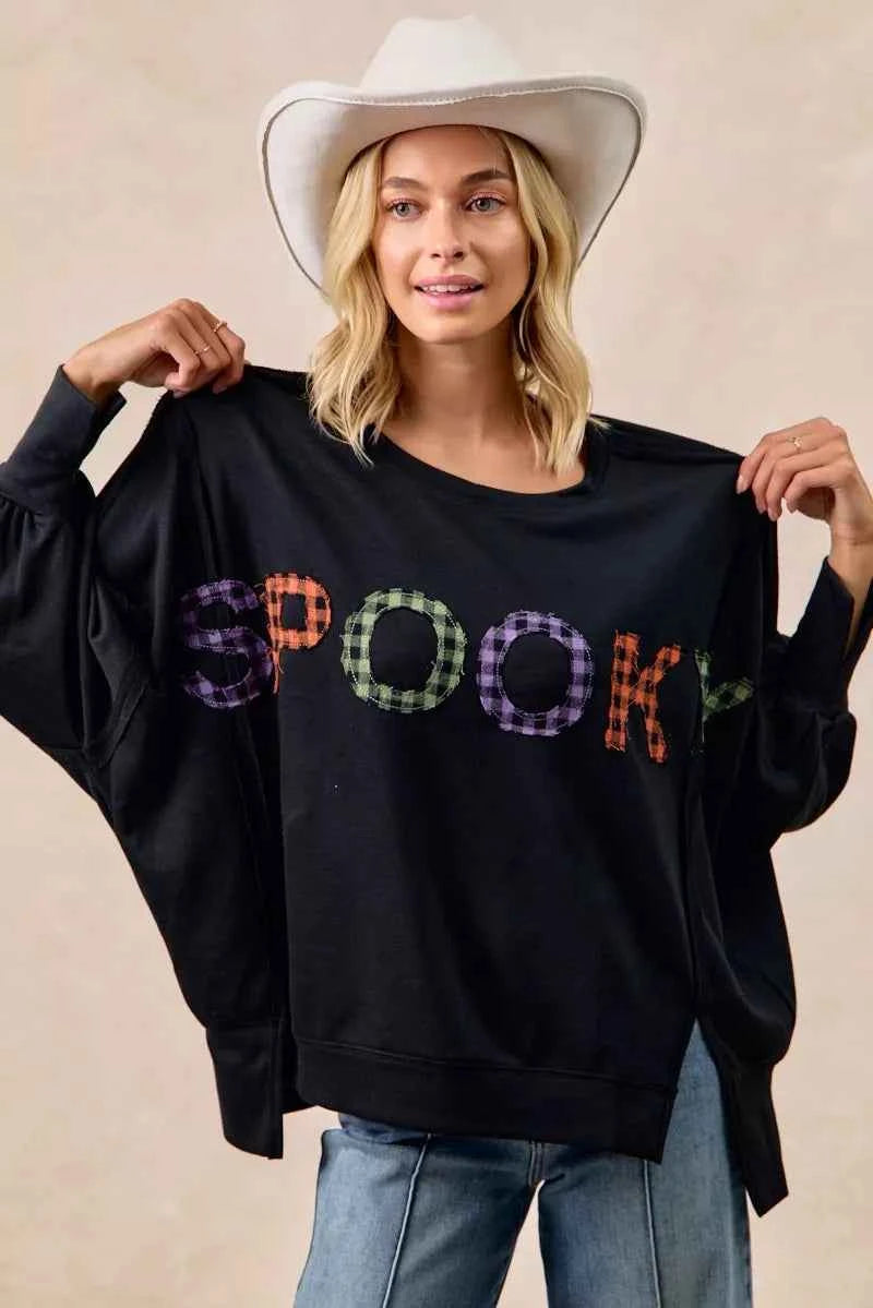 BiBi Women Sweatshirt Oversized Black Spook Plaid Letter Print Long Sleeve Top 0d4ae4f5bcca4a79a4cbd11a575ce414-Max-Origin Trendsi