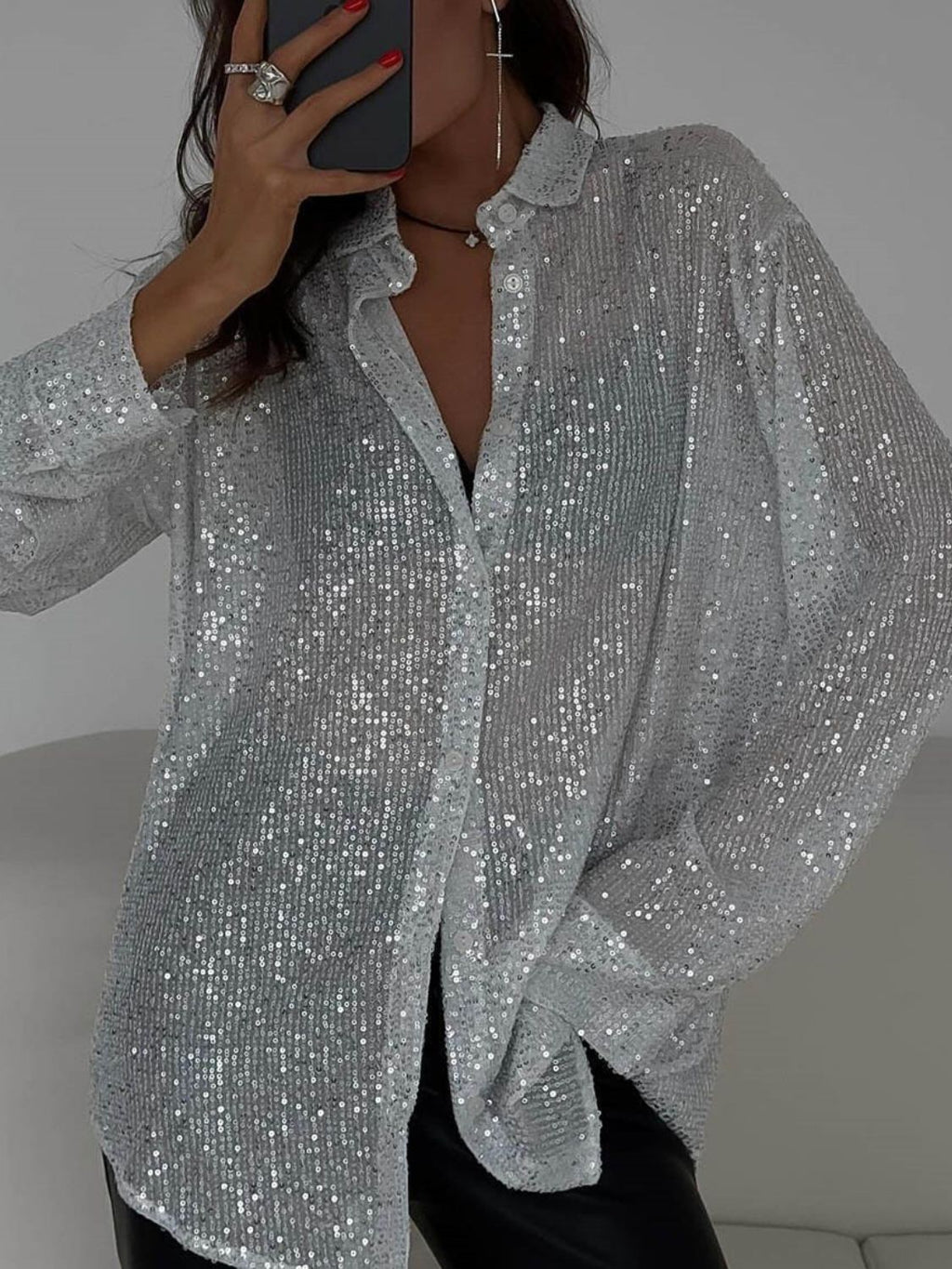 Women's Sequin Shirt Button Up Long Sleeve Sheer Fashionable Blouse 0d56c349-f9b2-4d62-8932-35f97e11478c-Max Trendsi