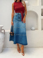 High-Waisted Denim Skirt with Belt - 95% Rayon, 5% Polyester, No Stretch