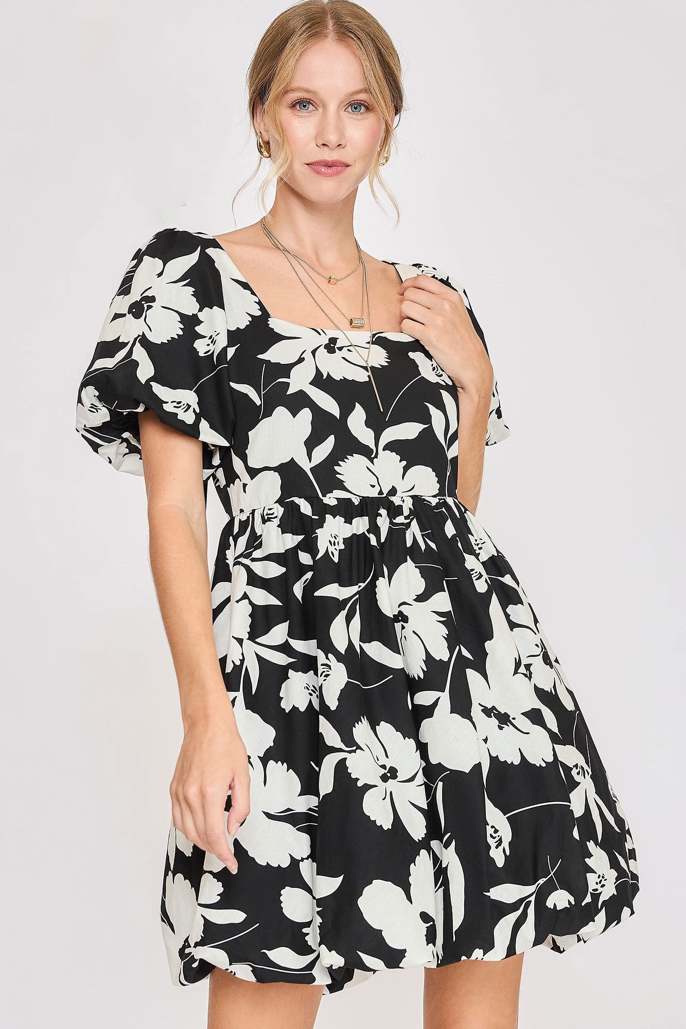 Umgee Babydoll Mini Dress Floral Black White Two Tone Print Puff Short Sleeve Black White 0d5a3a92-1575-4c5f-b041-39916f0911ca-Max Trendsi