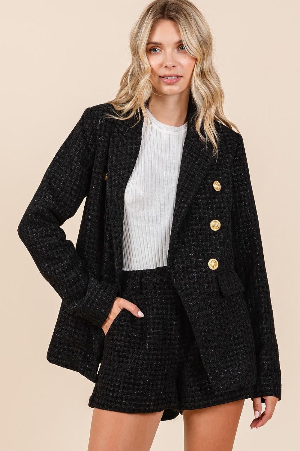 Mittoshop Plaid Blazer Texture Double-Breasted Long Sleeve