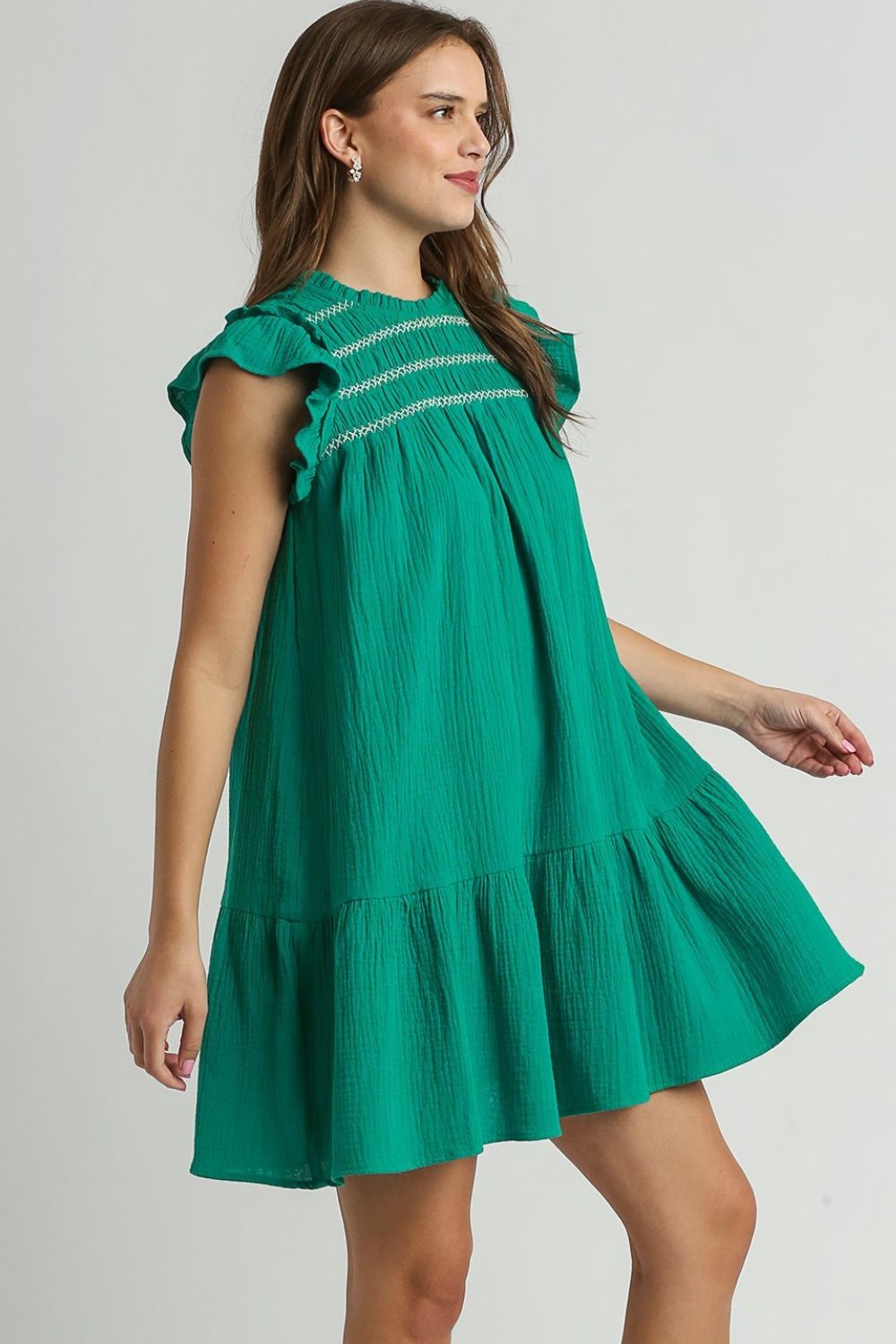 Umgee Mini Dress Ruffle Jade Green Smocked Contrast Stitching Short Sleeve 0d6302fc-f6d2-4d1e-be65-52515c156651-Max Trendsi