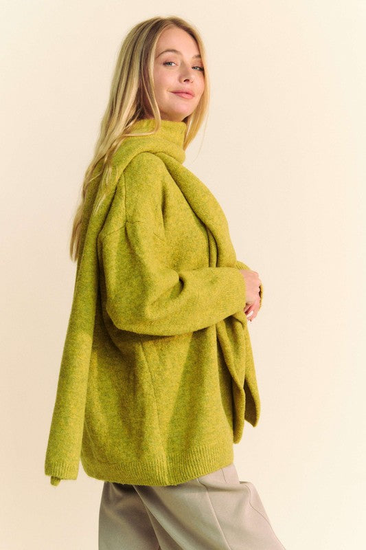 Davi & Dani Chartreuse Sweater with Scarf V-Neck Dropped Shoulder 0d711d9c-6cc3-465f-932c-b7936d1a3355-Max Trendsi