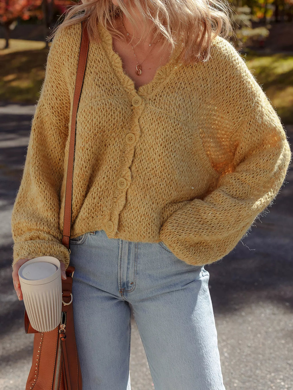 Women's Cardigan Camel Lantern Sleeve Scallop V Neck Buttoned Soft Acrylic Knit Camel 0d7d47df96e64386a5ce70ca81f64f46-Max-Origin Trendsi