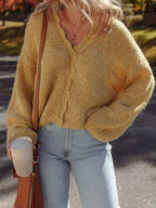 Women's Cardigan Camel Lantern Sleeve Scallop V Neck Buttoned Soft Acrylic Knit Camel 0d7d47df96e64386a5ce70ca81f64f46-Max-Origin Trendsi