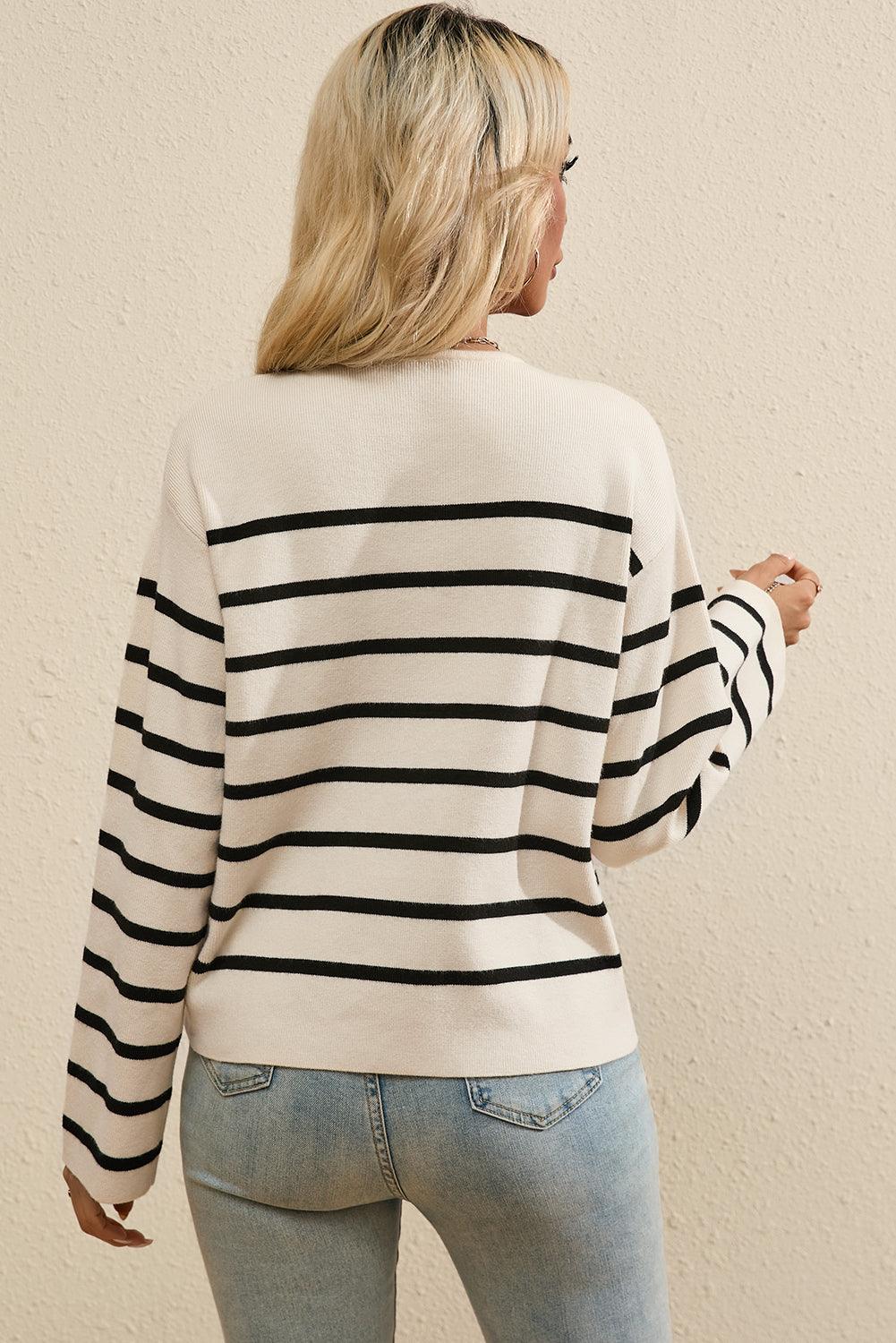 Striped Knit Cardigan Button Up Round Neck Flap Pockets 0d81a299-b6ac-4c6a-ad09-c637fb402ecc-Max Trendsi