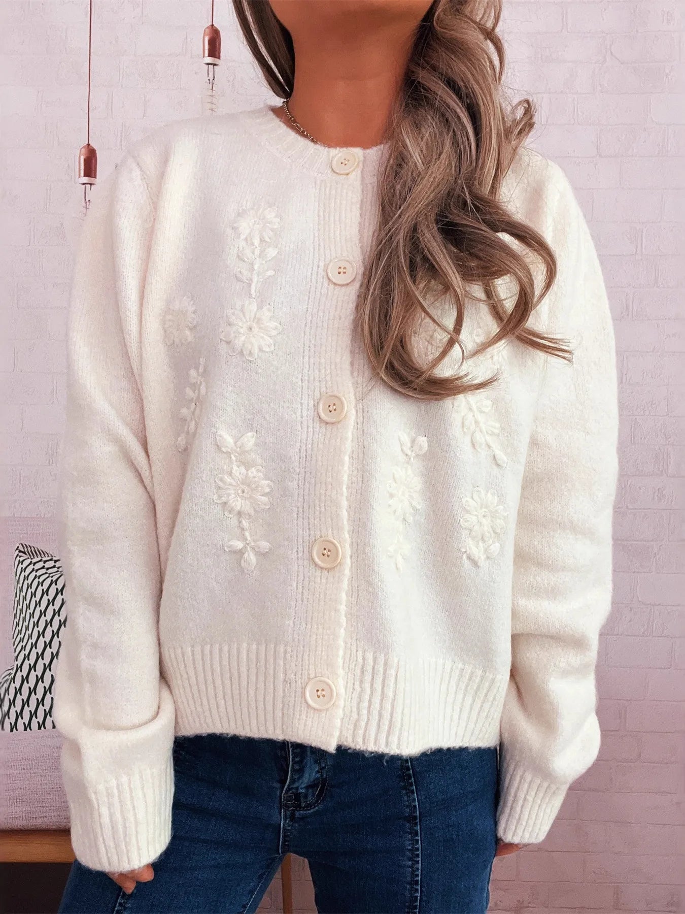 Women's Cardigan Flower Embroidered Button Up Ribbed Hem Round Neck 0d8235b310764a6b831b34e50e673d32-Max-Origin Trendsi