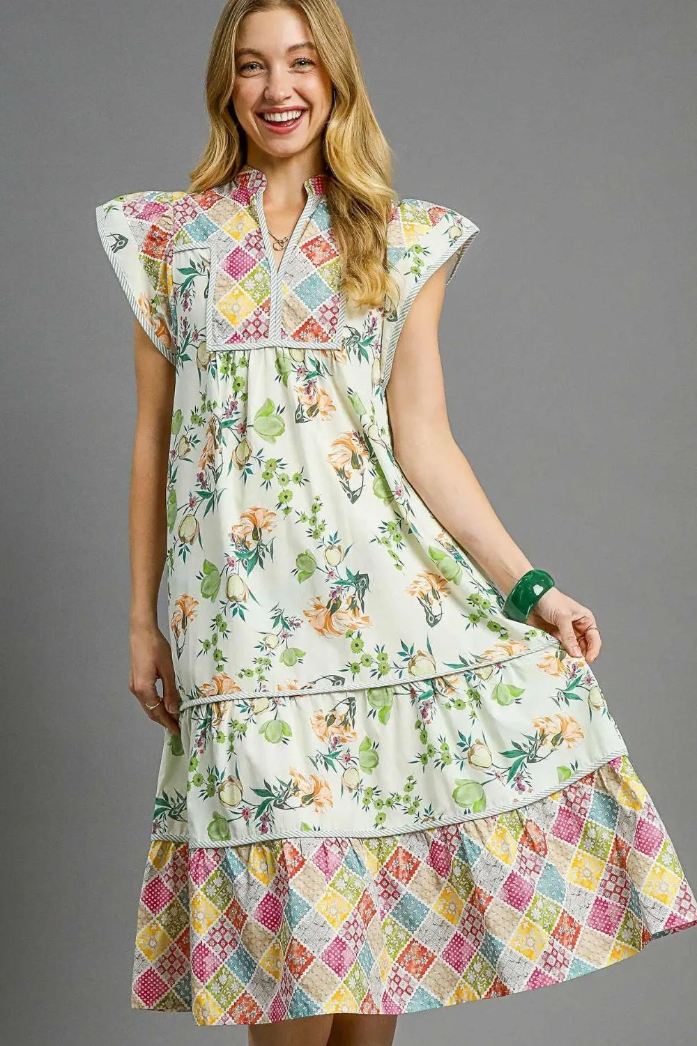 Umgee Midi Dress Cotton Floral Garden Patchwork Colorful Ruffled Short Sleeve Gum Leaf 0d89010c-3cac-49ee-8d5b-406521a04497-Max-Origin Trendsi
