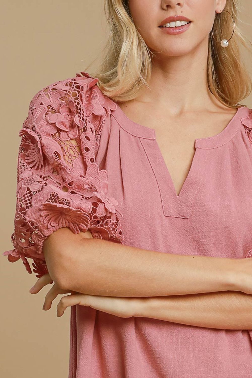 Umgee Linen Top Dusty Pink French Terry Boxy Cut Top with 3D Floral Short Sleeve 0d89bfa6-8b8b-4d03-ae41-41b66d41ae89-Max Trendsi