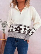 Women's Sweater Flower Hem Zip Collar Long Sleeve Stylish Pullover White One Size 0d922936027e44bda3b2de3206aa0c30-Max-Origin Trendsi