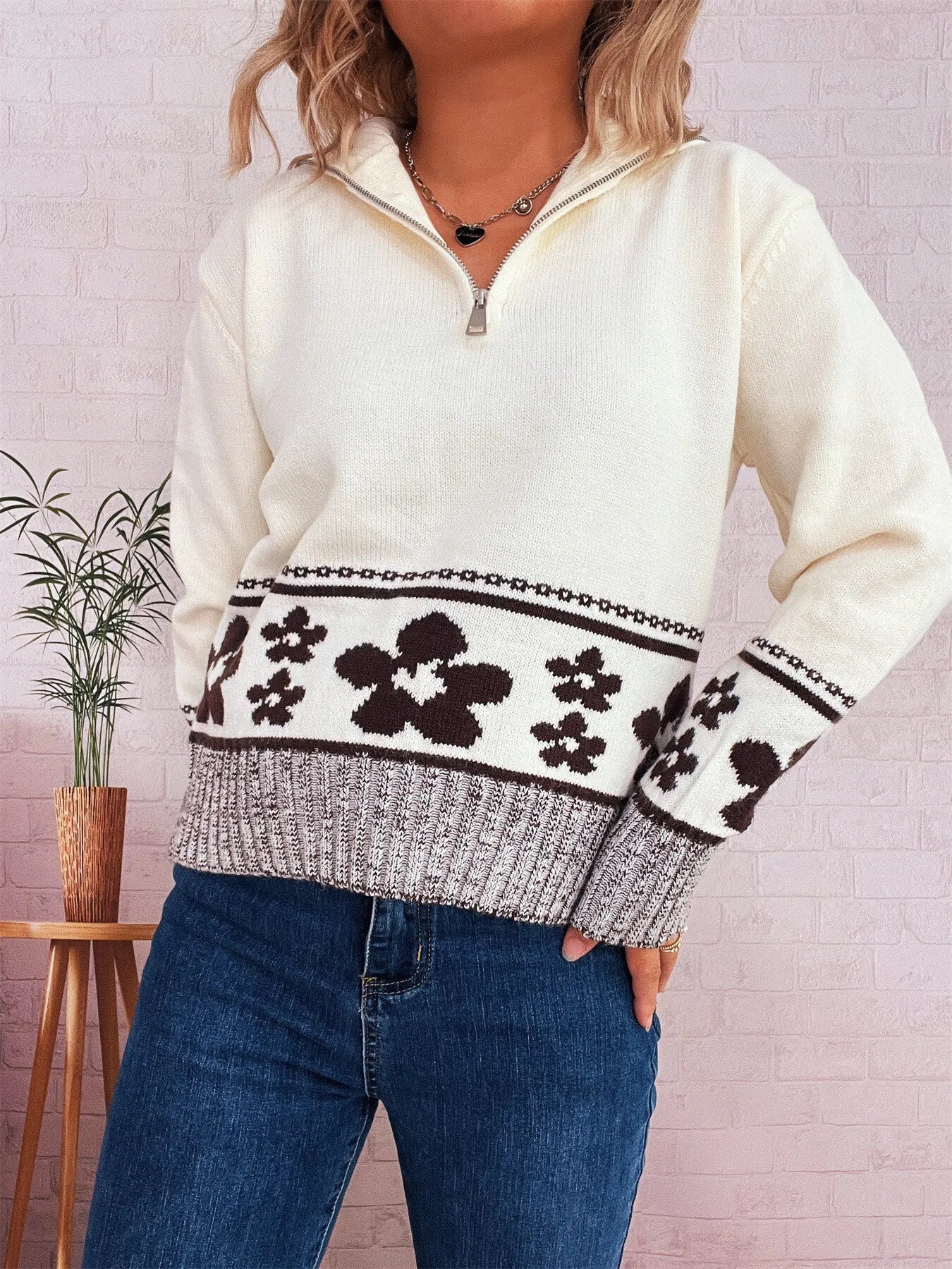 Women's Sweater Flower Hem Zip Collar Long Sleeve Stylish Pullover White One Size 0d922936027e44bda3b2de3206aa0c30-Max-Origin Trendsi