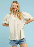 Umgee Blouse Ecru Textured Puff Short Sleeve Top ECRU 0d95f3cb-837c-440f-b90f-e64538e24bfc-Max-Origin Trendsi
