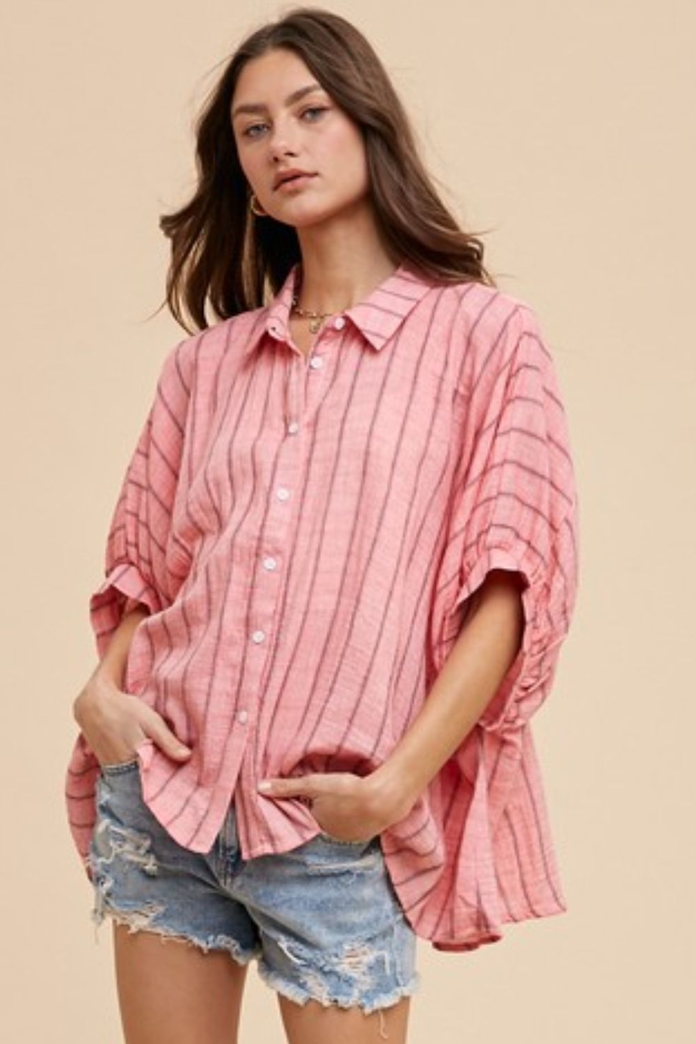 Women's Coral Pink Striped Cotton Button-Up Shirt Half Sleeve Top 0da10784-ebfa-4ae5-9529-3d9010a2bc4d-Max Trendsi