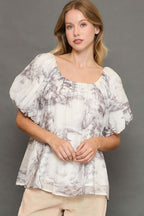 Umgee Top Khaki Two Tone Toile Print Top Short Puff Sleeve Blouse Khaki 0da24b8f-ab28-4bb6-b365-30eaa3d861f9-Max Trendsi
