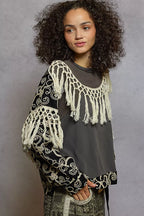 POL Blouse with Tassel Trim Contrast Floral Embroidery Balloon Sleeve Top 0daae583-4ad8-48f2-b18d-fa5bb88ae3fa-Max-Origin Trendsi