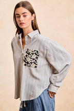 BiBi Womens Gray Stripe Shirt Black Flower Jacquard Knit Patch Pocket Top 0db43833e9b346fab62af0d46448aff2-Max-Origin Trendsi