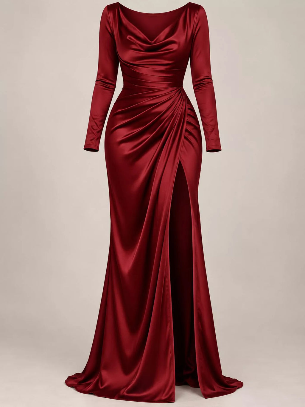 Vorderansicht des roten Satin-Maxikleides mit Cowl-Ausschnitt, gerafftem Oberteil und bodenlangem Fall
