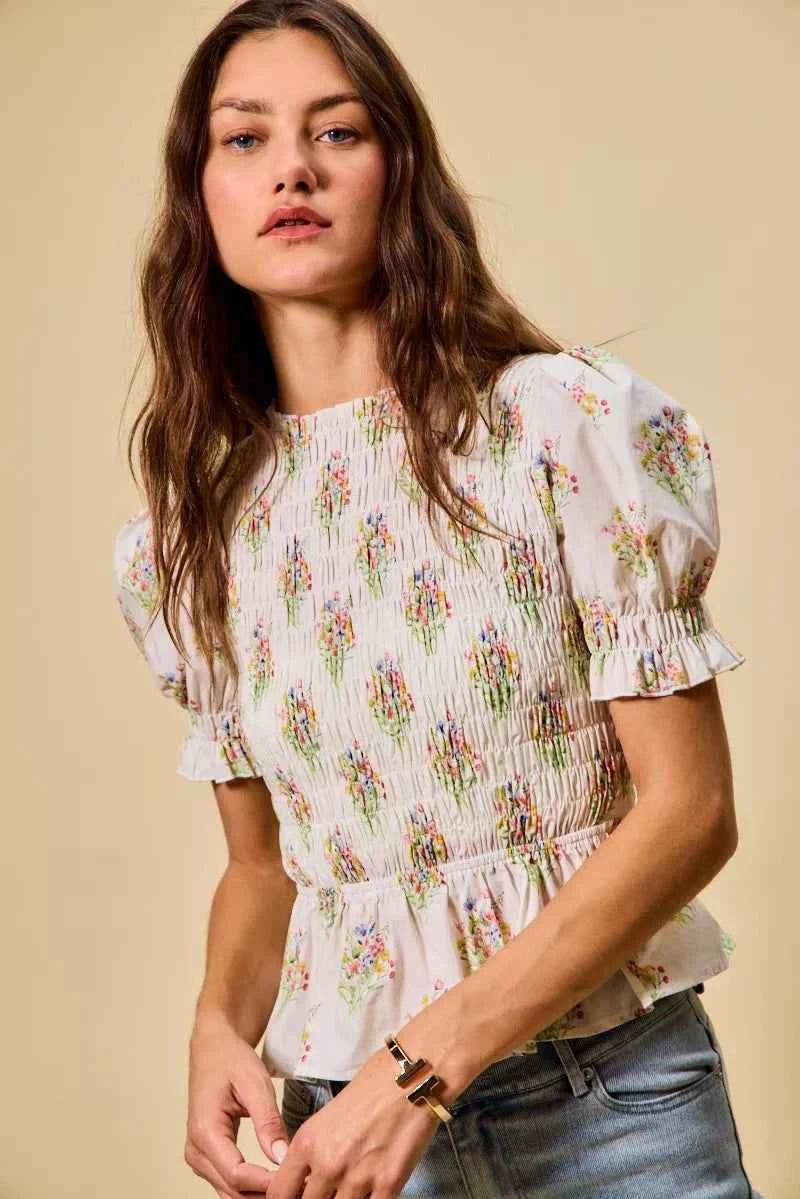 SO ME Floral Cotton Smocked Short Sleeves Blouse